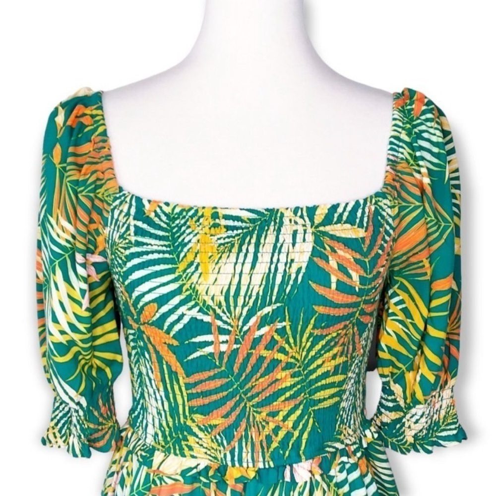 BETSEY JOHNSON Smocked Maxi Dress in Green Tropical Leaf Print Size X-Small - Picture 11 of 16